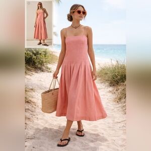Free People Coral Pink Drop Waist Midi Dress Pleated Skirt Boho Cotton XL Dress